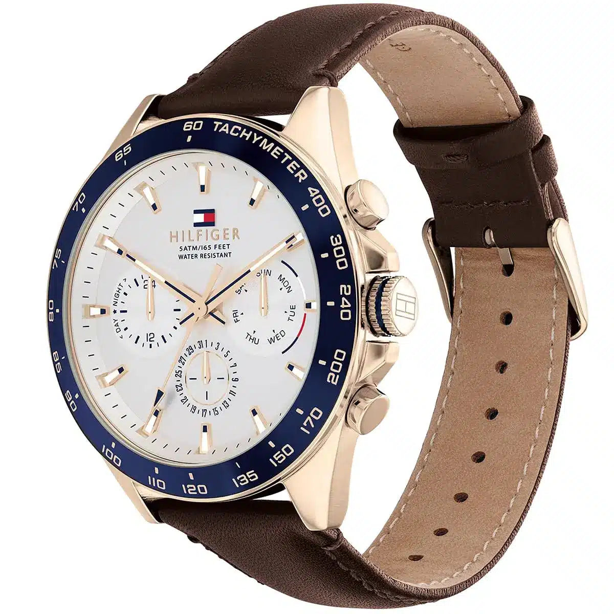 Tommy Hilfiger 1791966 watch showing brown leather strap and rose gold case from angled view