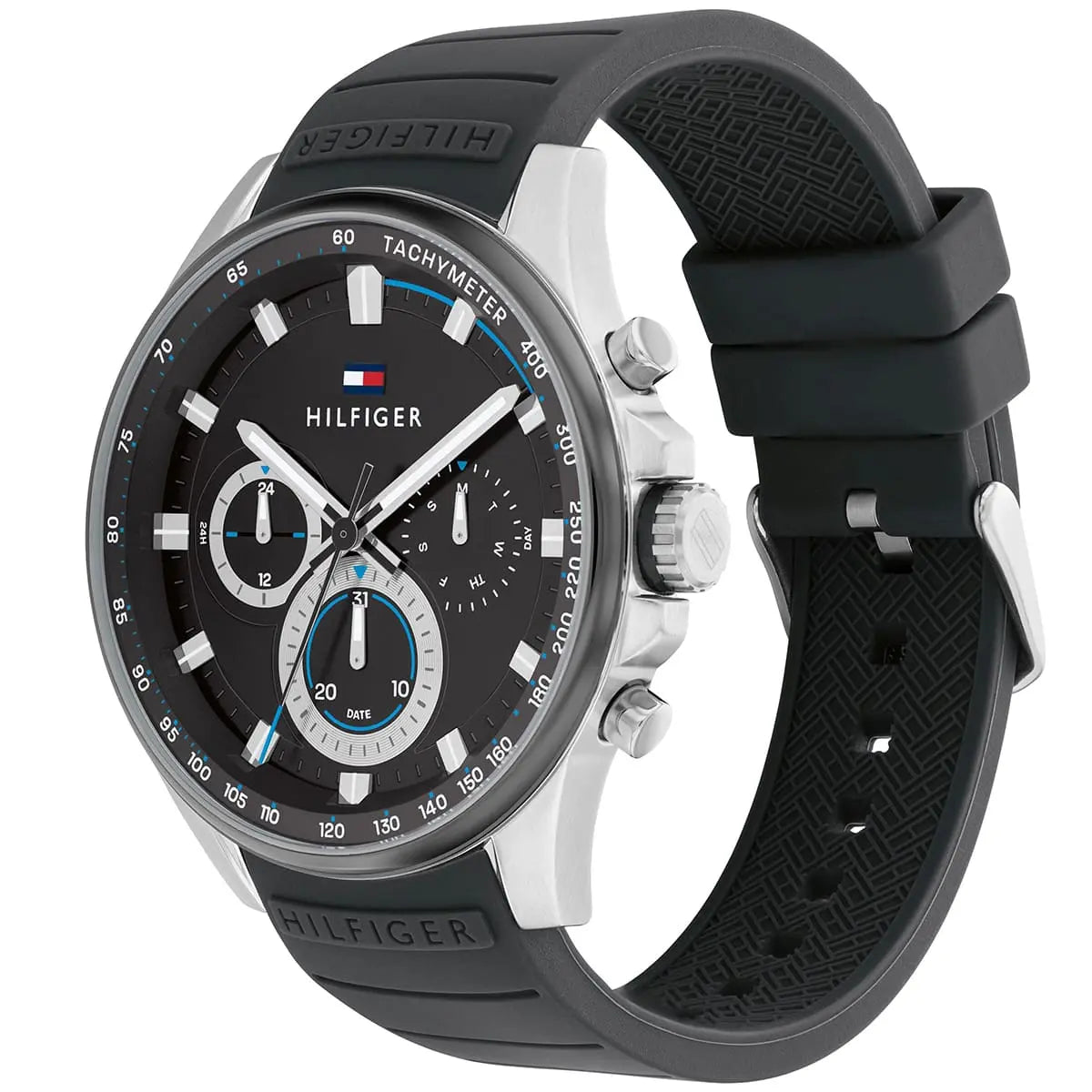 Tommy Hilfiger Max chronograph watch displayed at angle showing case and rubber strap