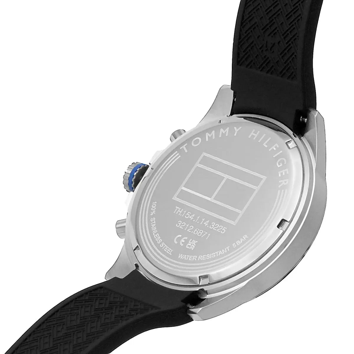 Tommy Hilfiger Max caseback showing transparent display and water resistance specifications