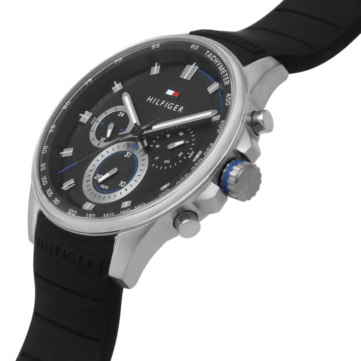 Tommy Hilfiger Max watch side view showing silver case and black rubber strap