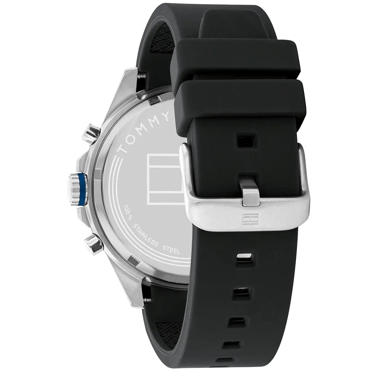 Tommy Hilfiger Max watch strap detail showing rubber material and attachment mechanism