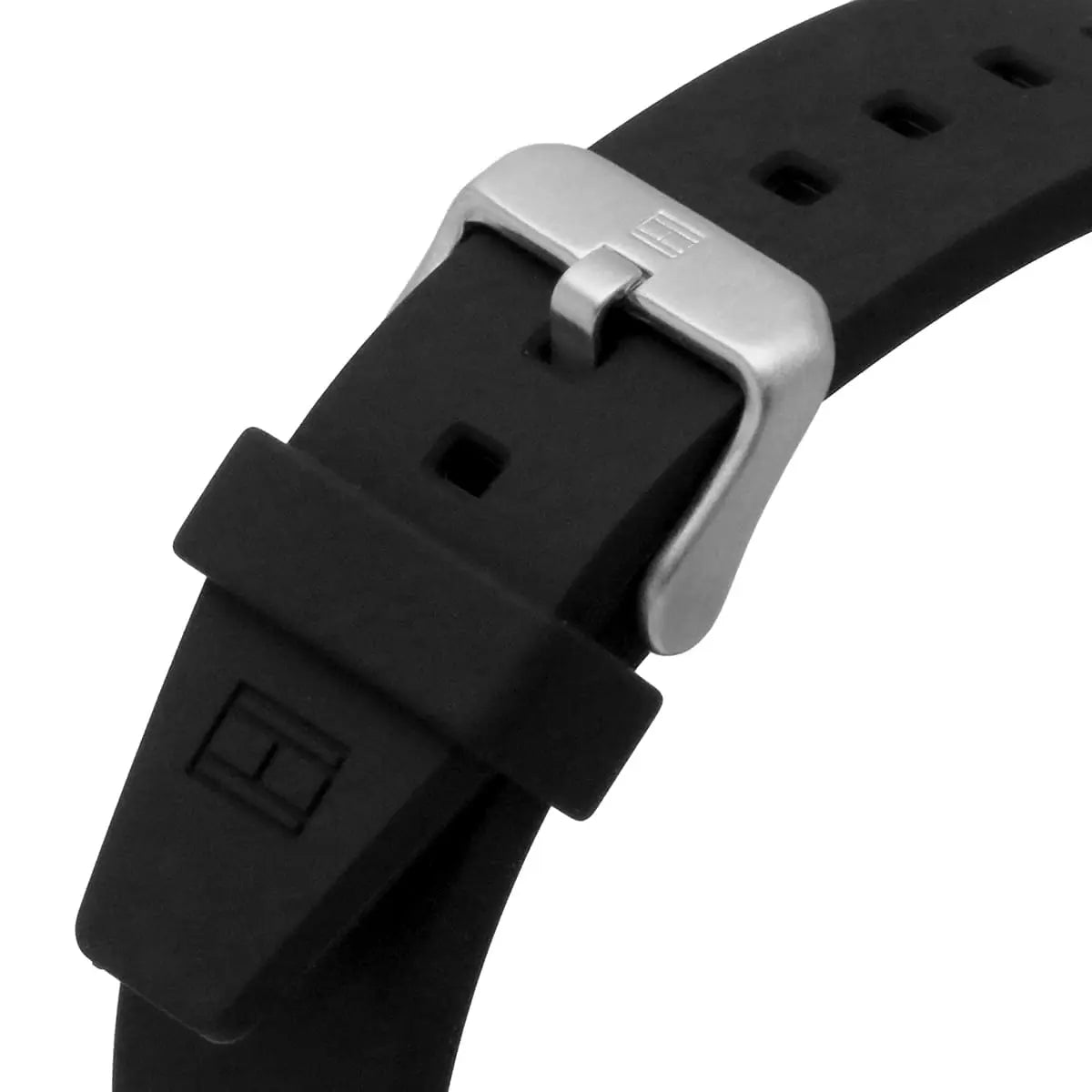 Black rubber strap with silver buckle clasp for Tommy Hilfiger Max watch