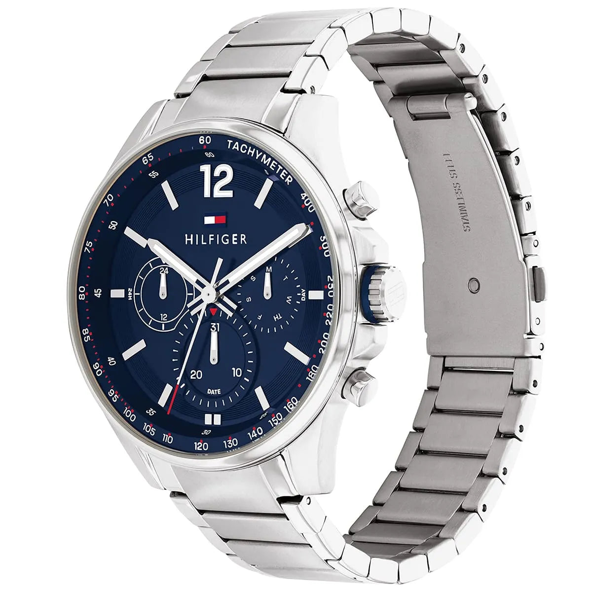 Side view of Tommy Hilfiger Max watch showing stainless steel bracelet and case profile