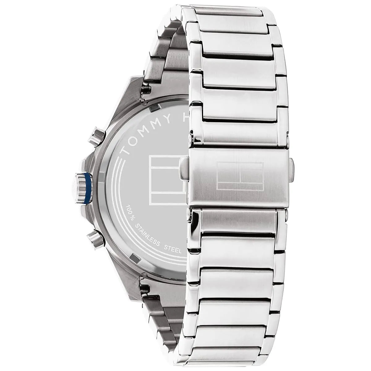 Caseback view of Tommy Hilfiger Max watch revealing stainless steel construction