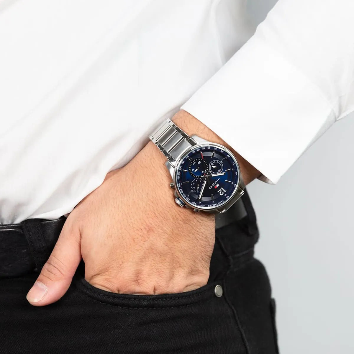 Tommy Hilfiger Max chronograph watch on wrist paired with casual apparel