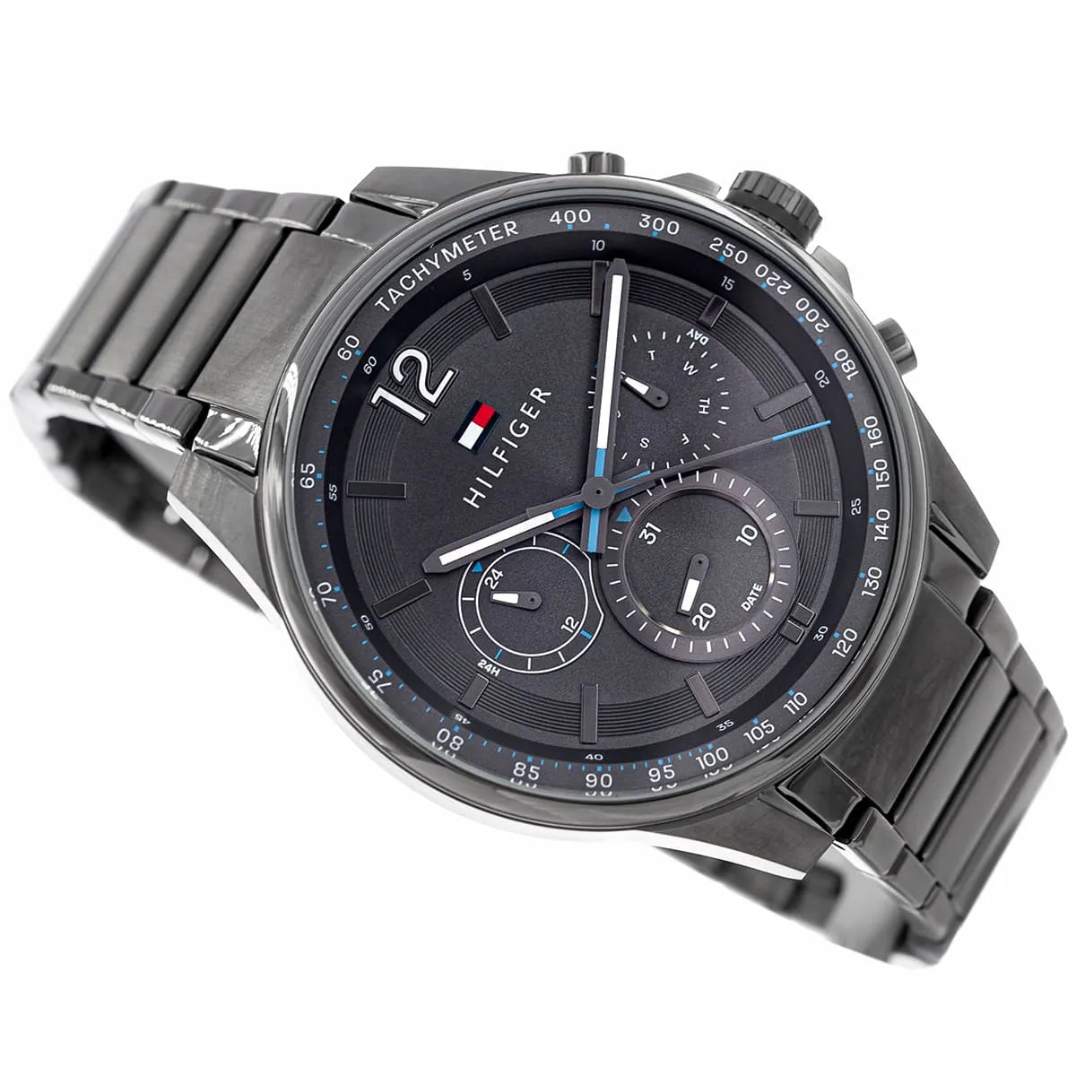 Tommy Hilfiger Max chronograph watch with grey dial and stainless steel bracelet detail