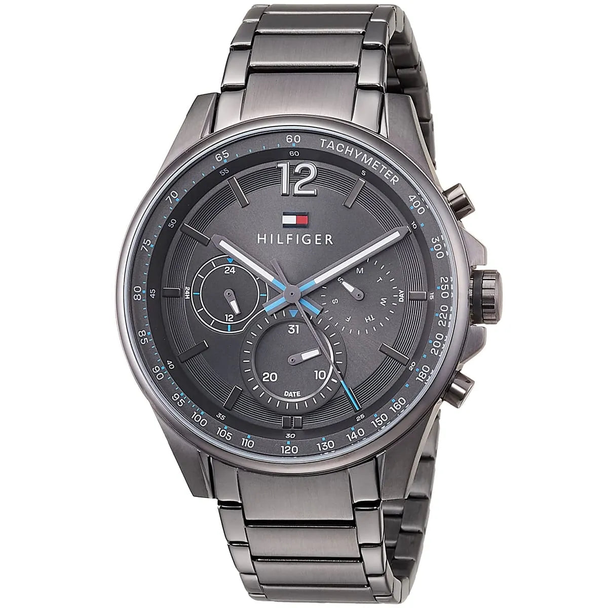 Tommy Hilfiger Max chronograph watch at angle showing grey dial and steel bracelet