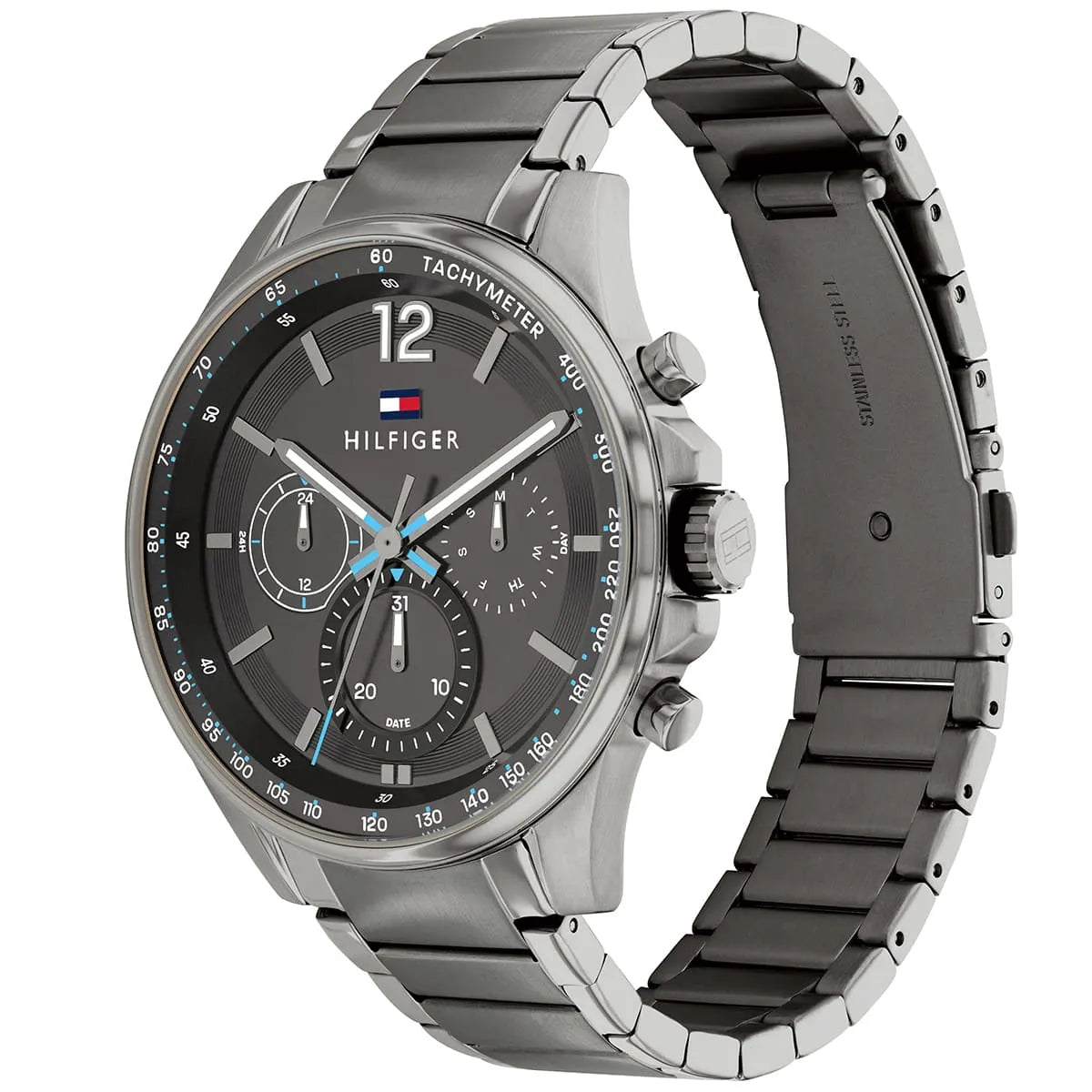 Tommy Hilfiger Max watch side profile showing grey dial and steel link bracelet