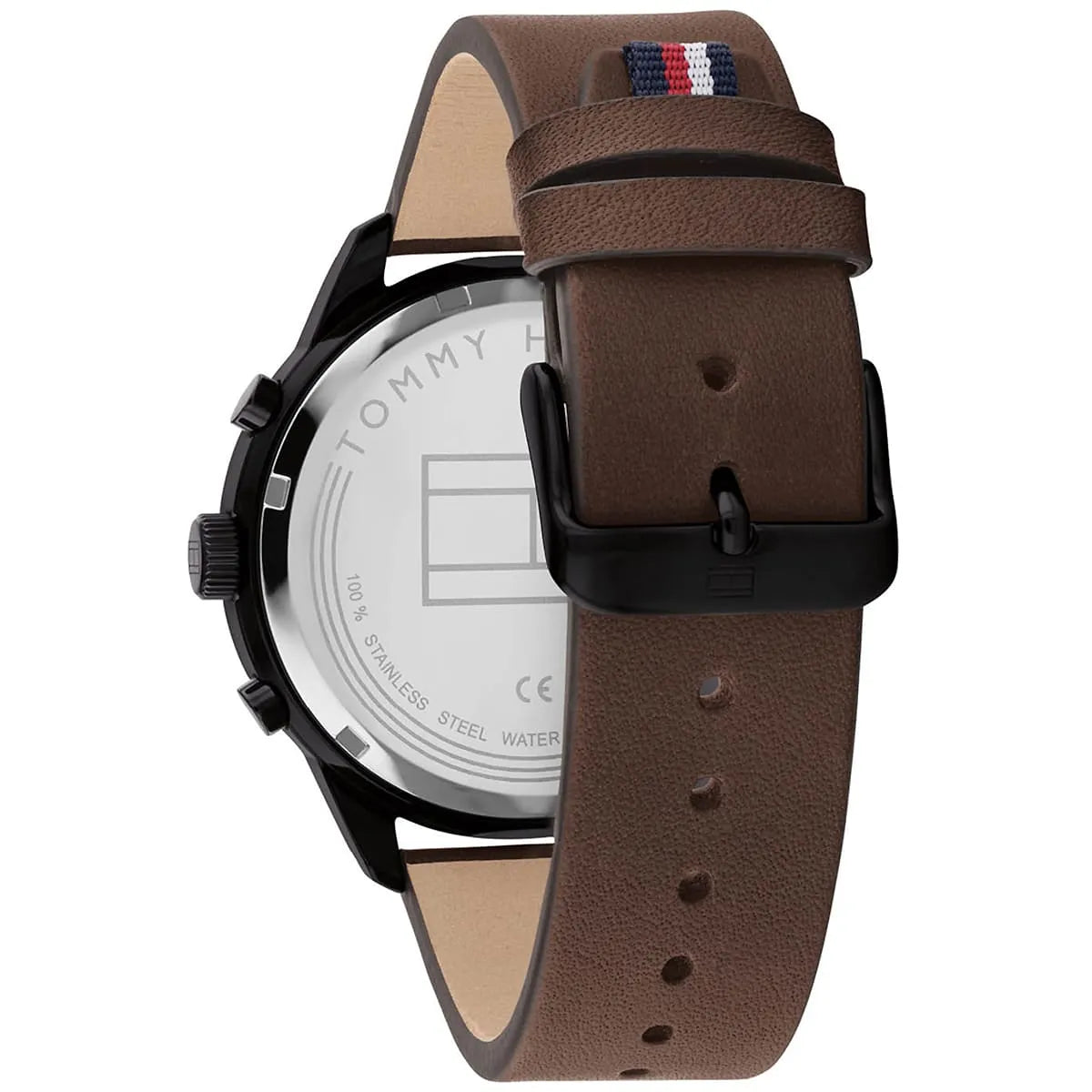 Tommy Hilfiger Chase caseback showing stainless steel with branding and water-resistant specification