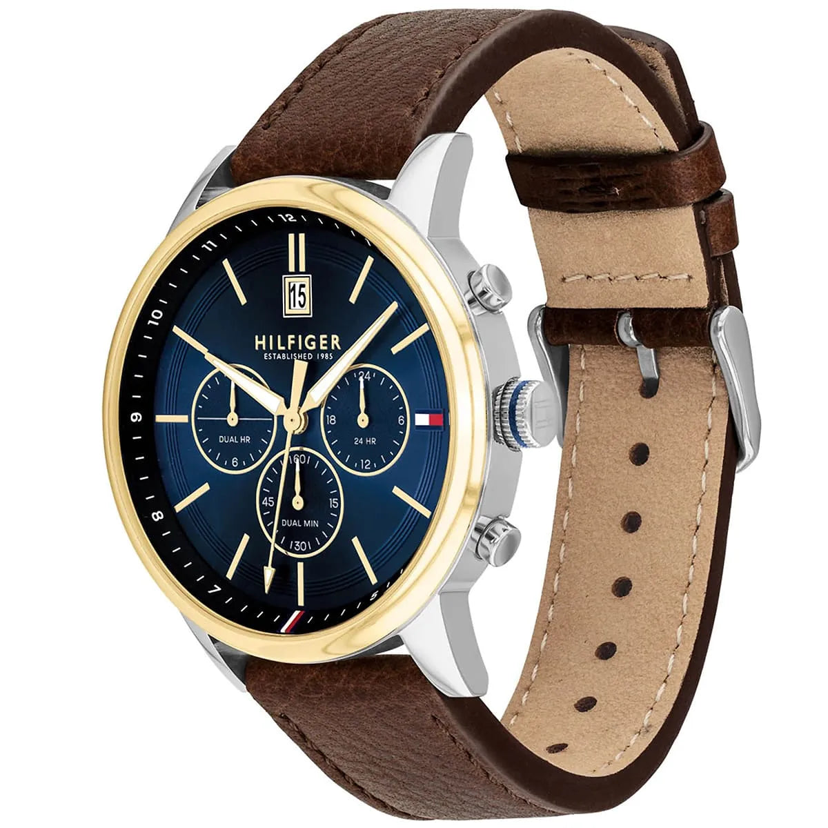Tommy Hilfiger Kyle watch side angle view showing brown leather strap and case profile