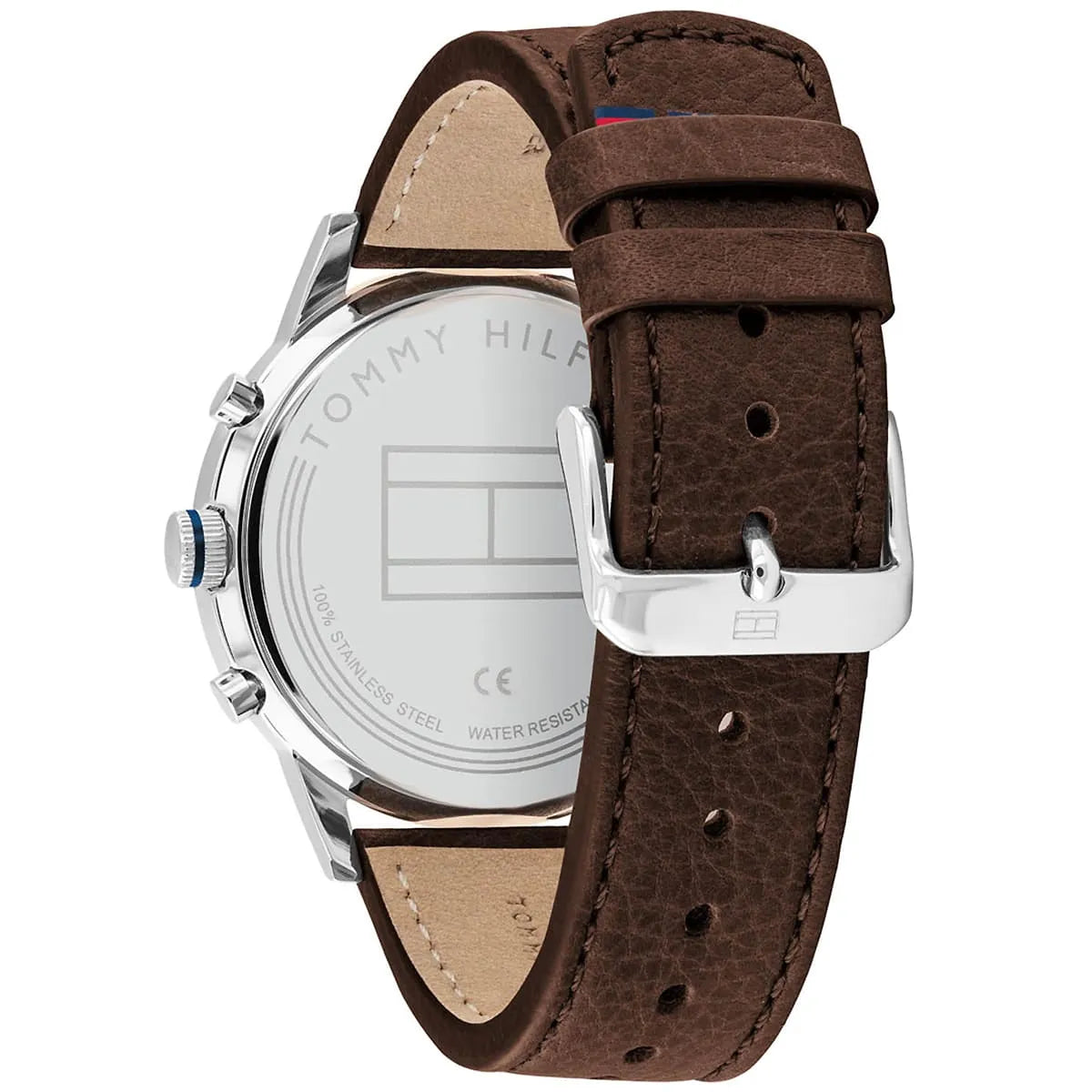 Tommy Hilfiger Kyle watch caseback with stainless steel back and brown leather strap