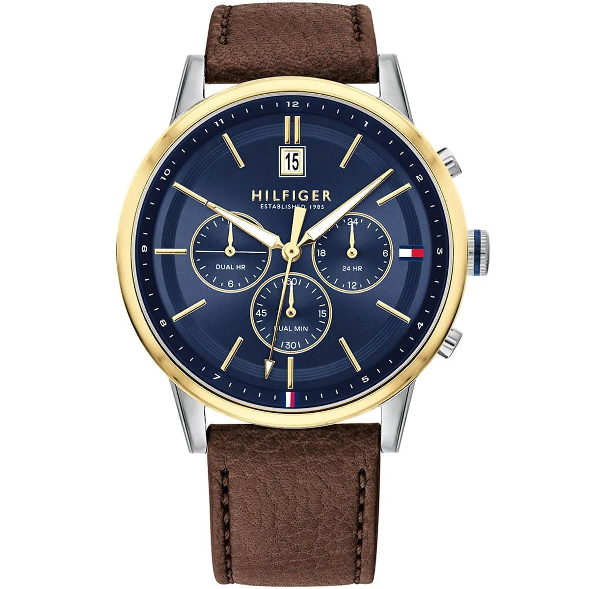 Tommy Hilfiger Kyle men's watch with blue dial, dual-time chronograph, gold bezel, and brown leather strap