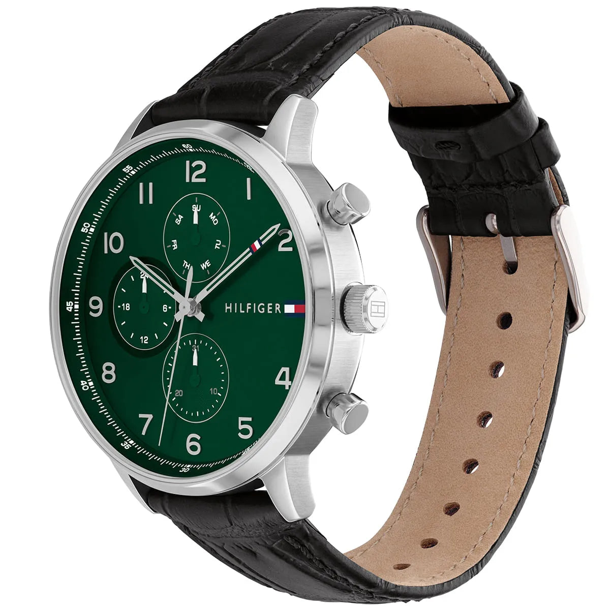 Side angle view of Tommy Hilfiger watch showing green dial, silver case, and crocodile-textured black leather strap with tan lining