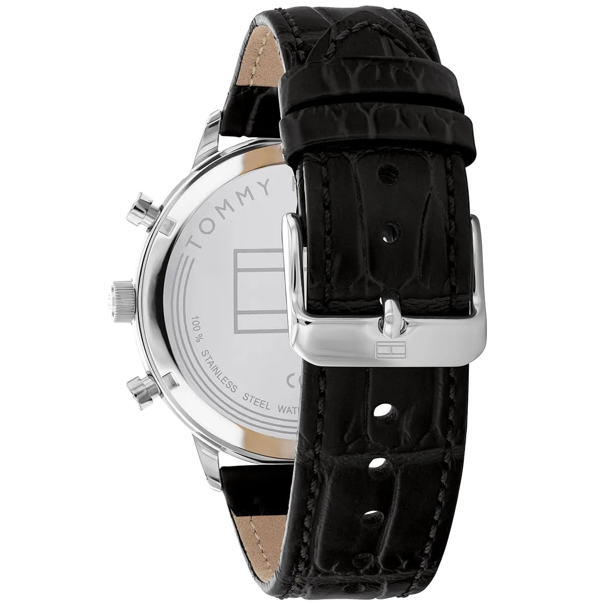 Watch caseback showing Tommy Hilfiger branding and stainless steel construction details