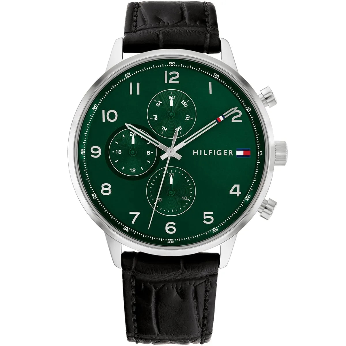 Tommy Hilfiger men's chronograph watch with green dial, silver case, and black leather strap
