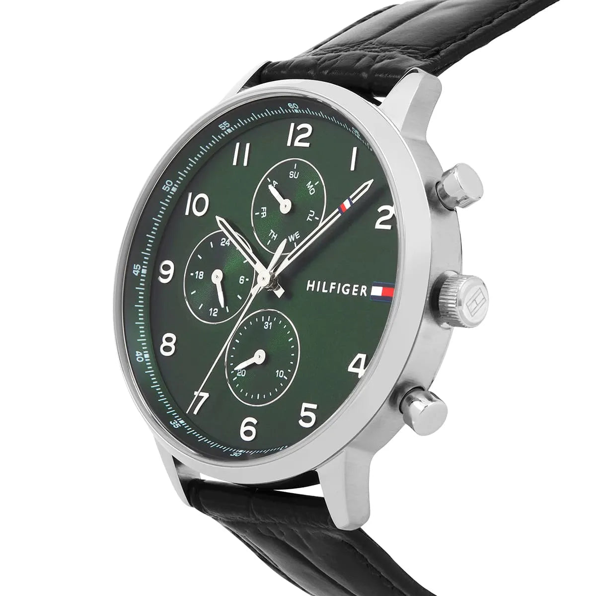 Side profile of Tommy Hilfiger chronograph watch showing chronograph pushers and black leather strap