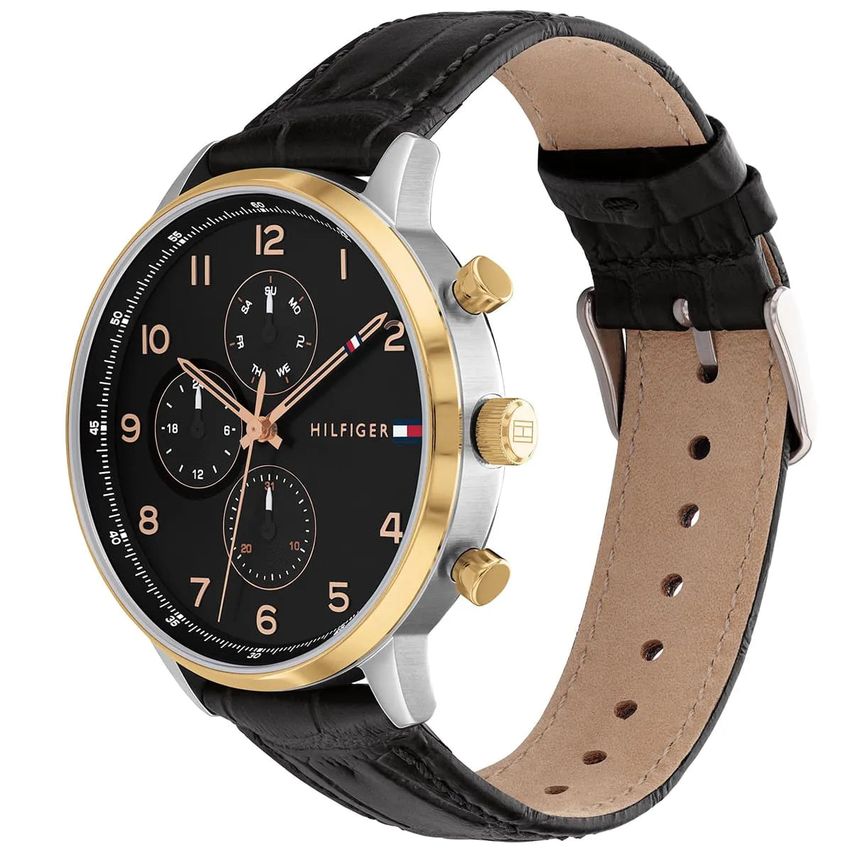 Tommy Hilfiger Leonard watch angled view showing the chronograph dial, two-tone case, and quilted leather strap
