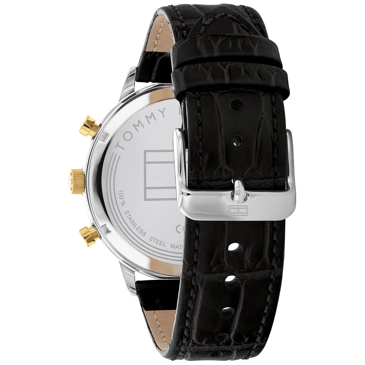 Tommy Hilfiger Leonard watch case back showing steel back plate with watch details and leather strap