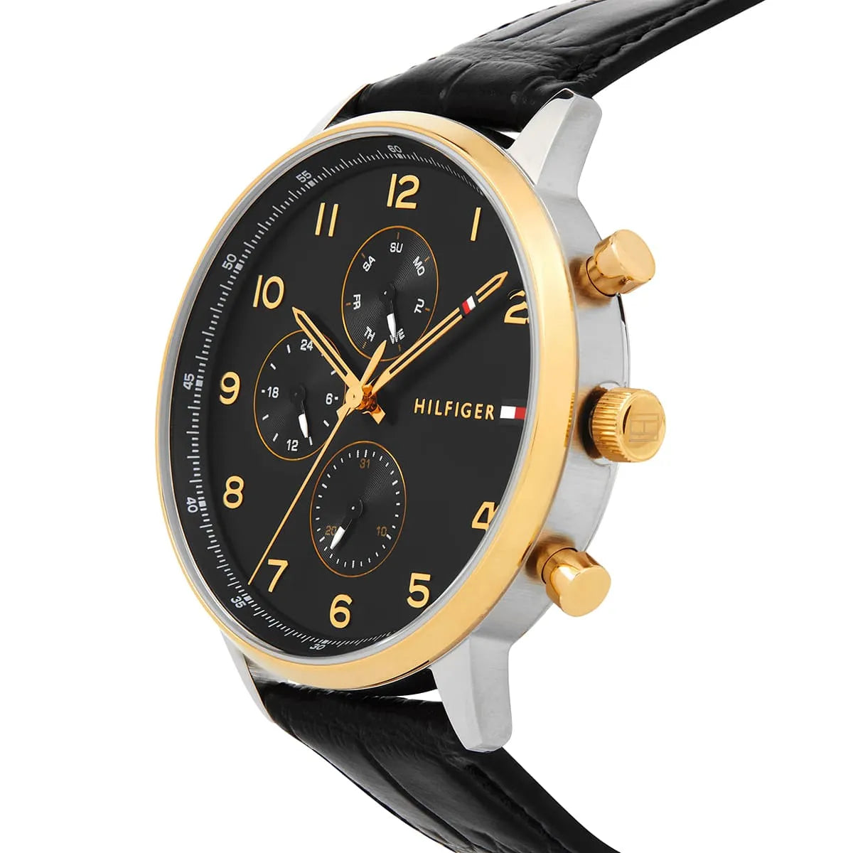 Tommy Hilfiger Leonard watch side profile showing the black dial, gold bezel, and chronograph pushers