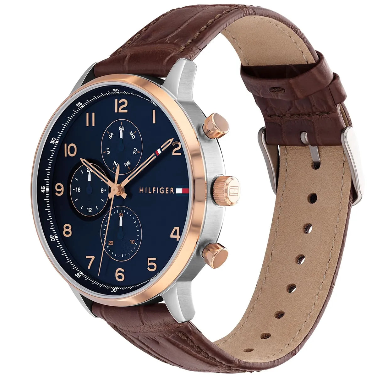 Tommy Hilfiger Leonard watch showing chronograph subdials and brown leather strap detail
