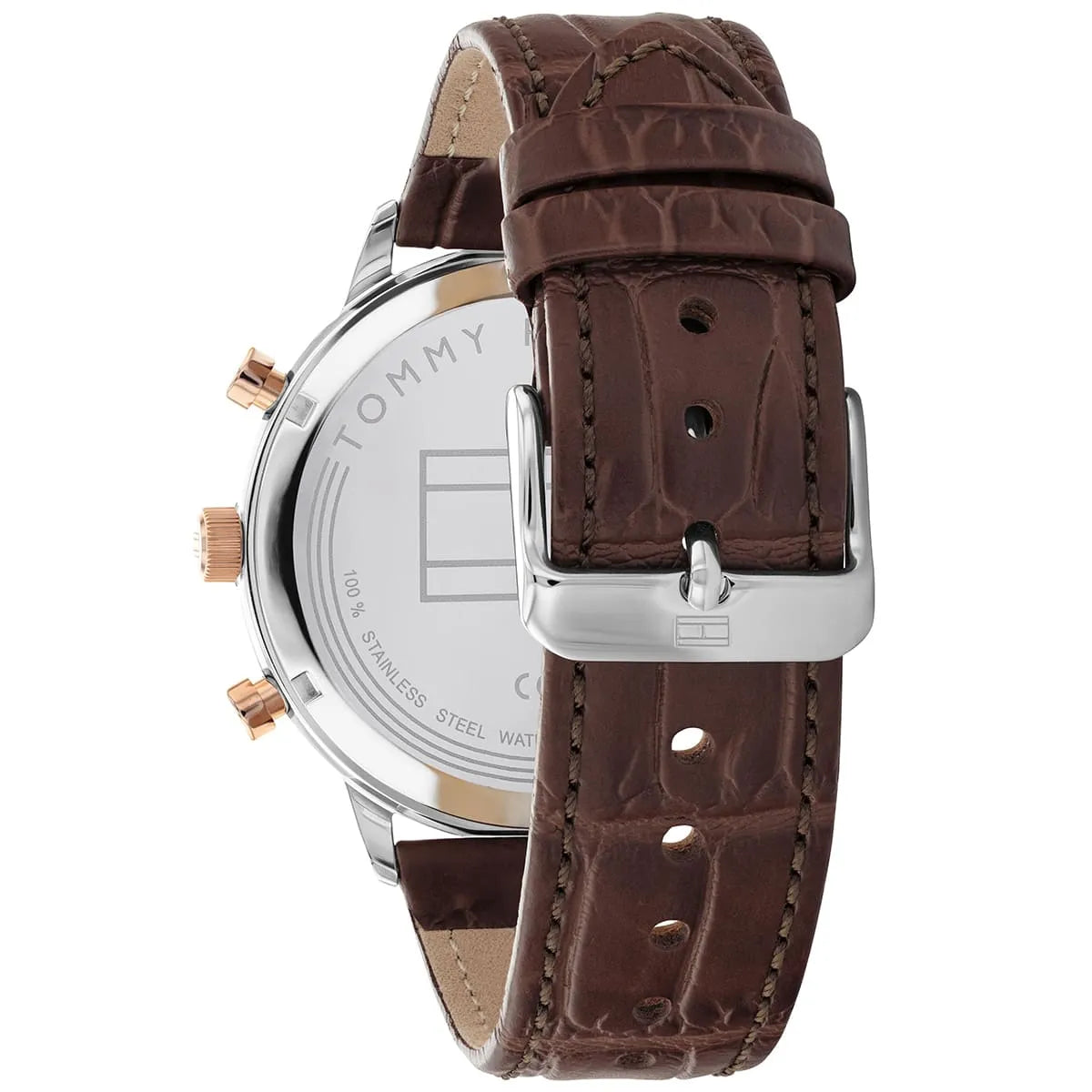 Tommy Hilfiger Leonard watch caseback with visible buckle and brown crocodile-textured strap