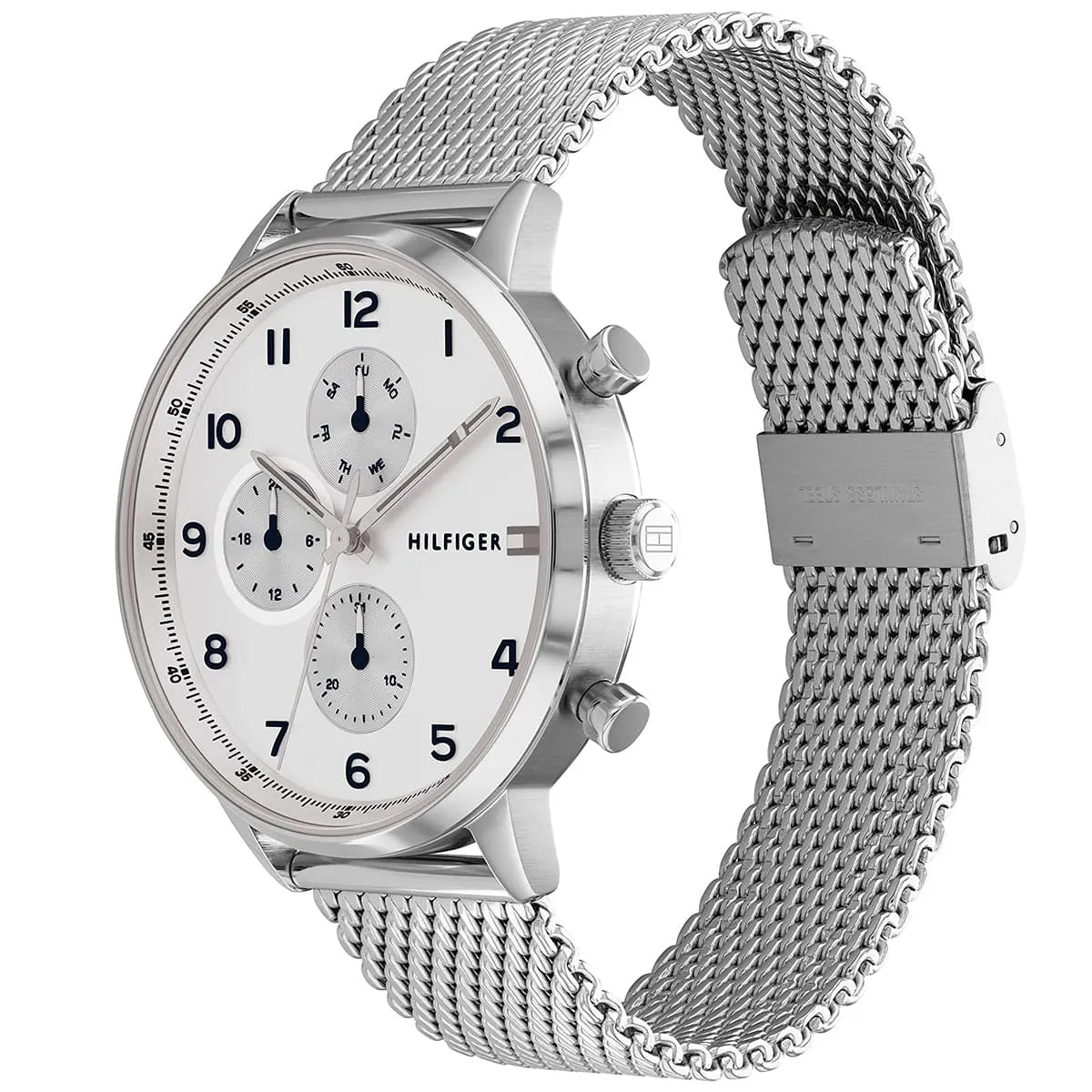 Tommy Hilfiger Leonard watch side angle view showing mesh band and case profile