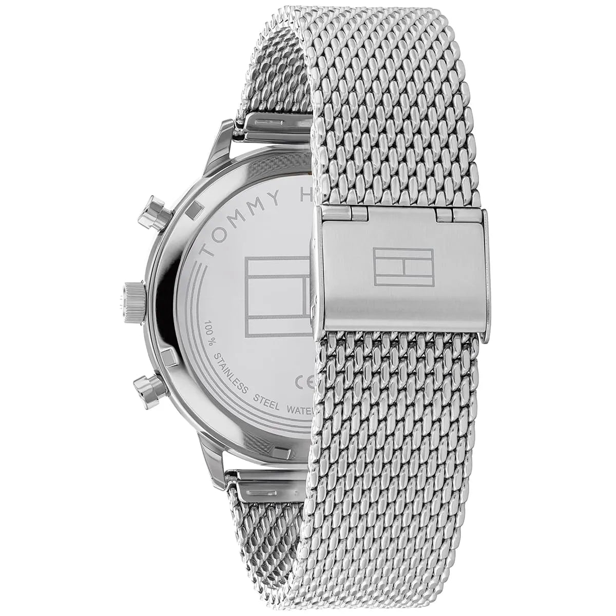 Tommy Hilfiger Leonard watch caseback showing stainless steel construction and mesh band clasp