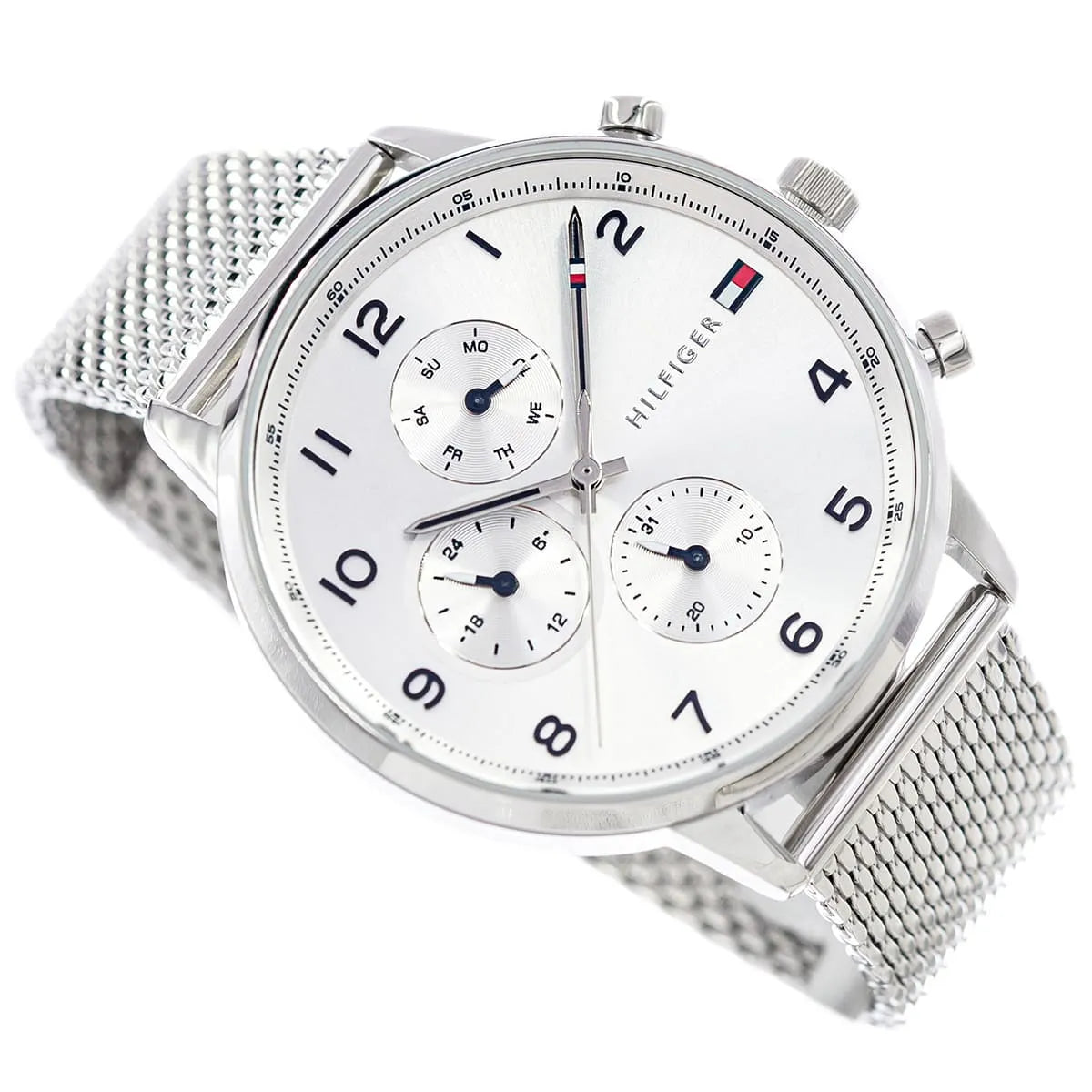 Close-up of Tommy Hilfiger Leonard watch dial with three chronograph subdials and mesh band
