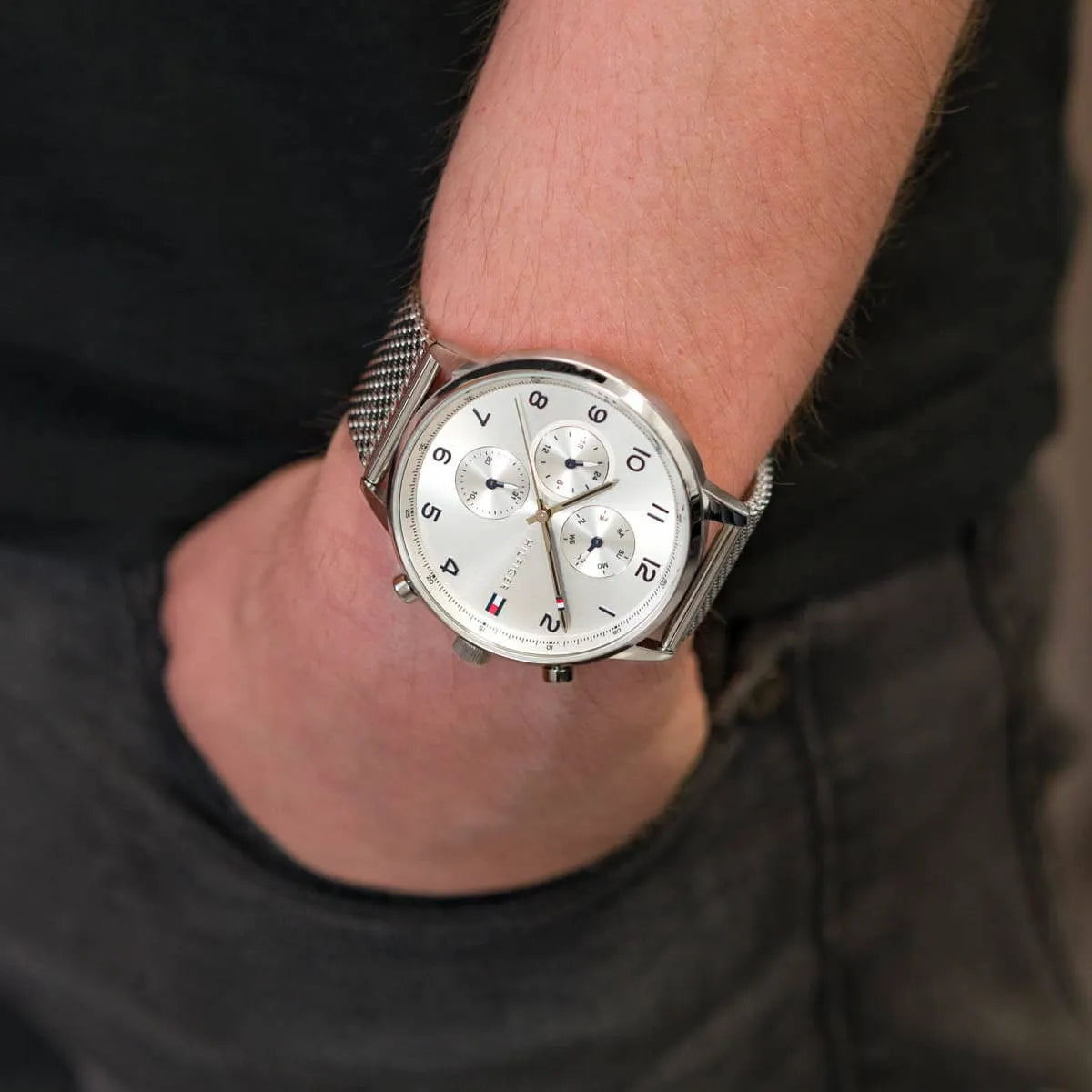 Tommy Hilfiger Leonard chronograph watch worn on wrist with mesh metal band