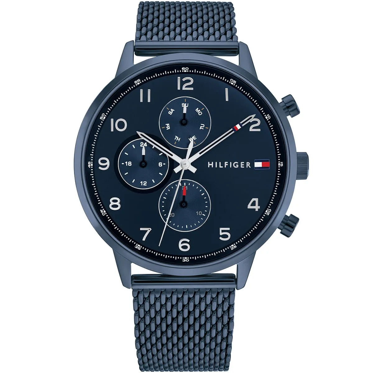 Tommy Hilfiger Leonard men's watch with blue dial, chronograph subdials, and blue mesh strap