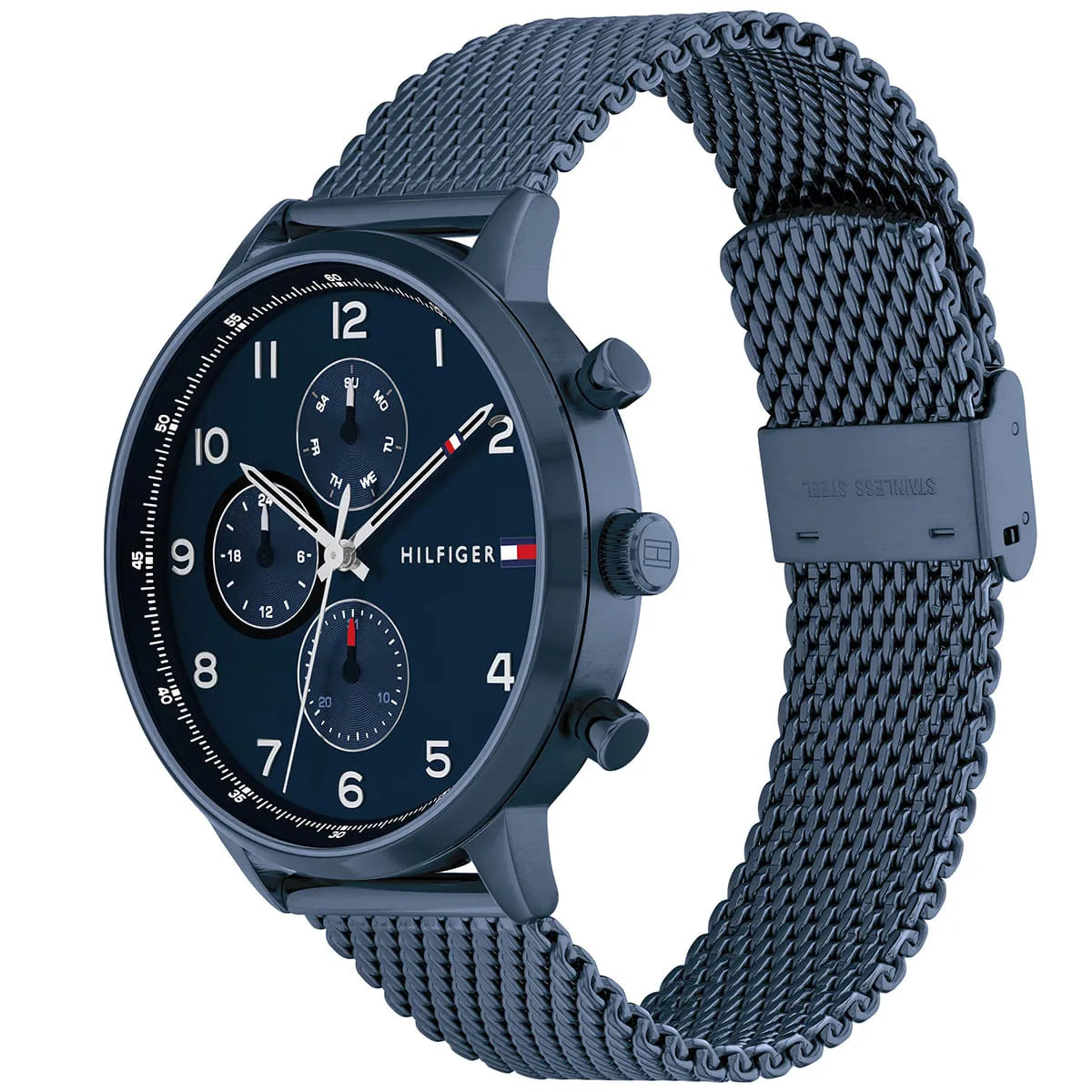 Tommy Hilfiger Leonard watch at angle showing blue mesh strap and chronograph dial