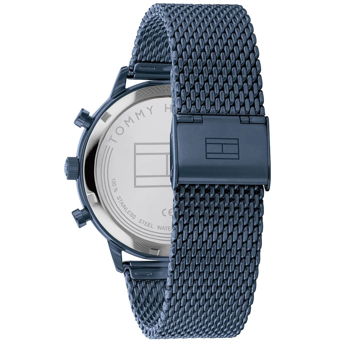 Tommy Hilfiger Leonard watch caseback showing stainless steel case and mesh strap