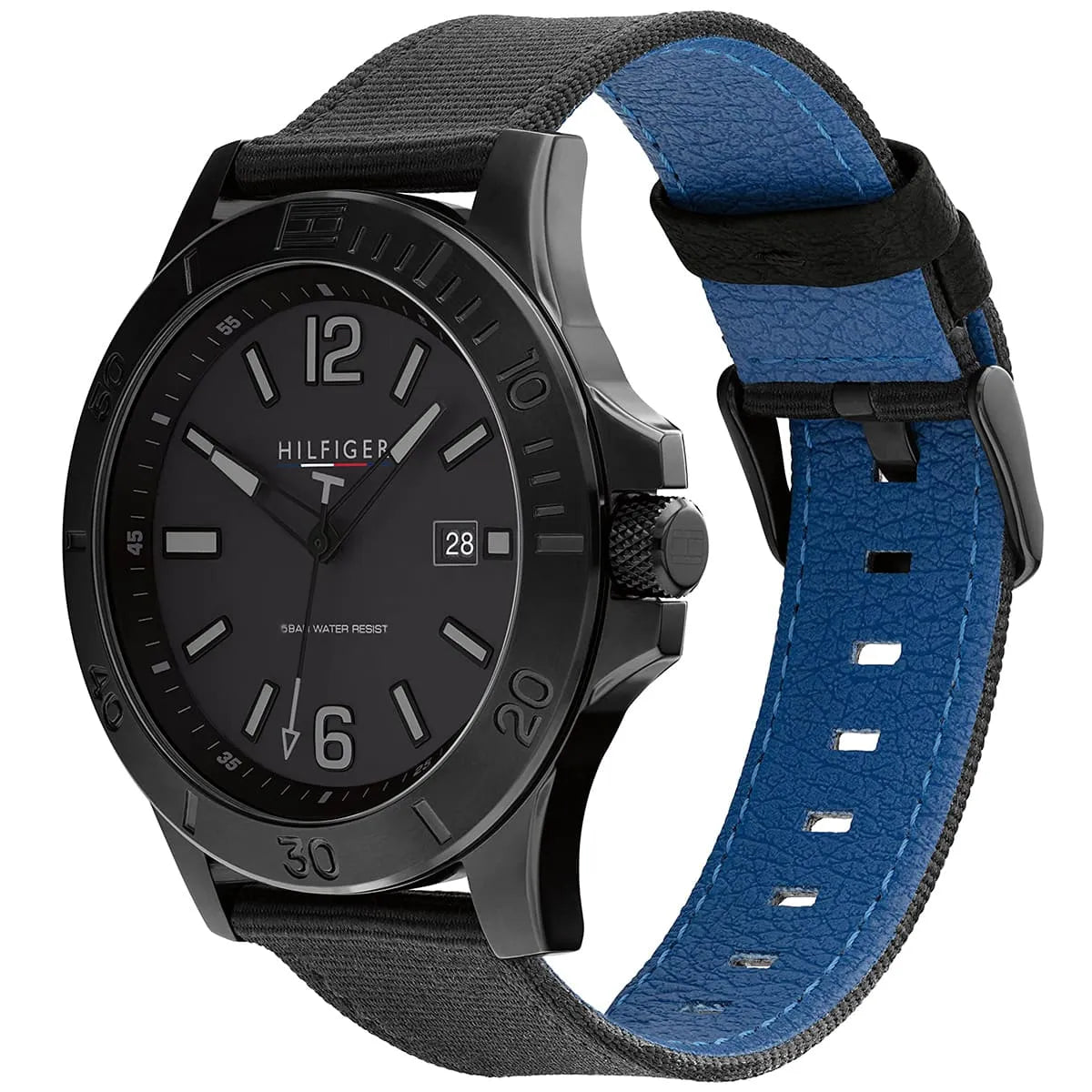 Tommy Hilfiger watch shown at angle with blue recycled plastic nylon strap detail