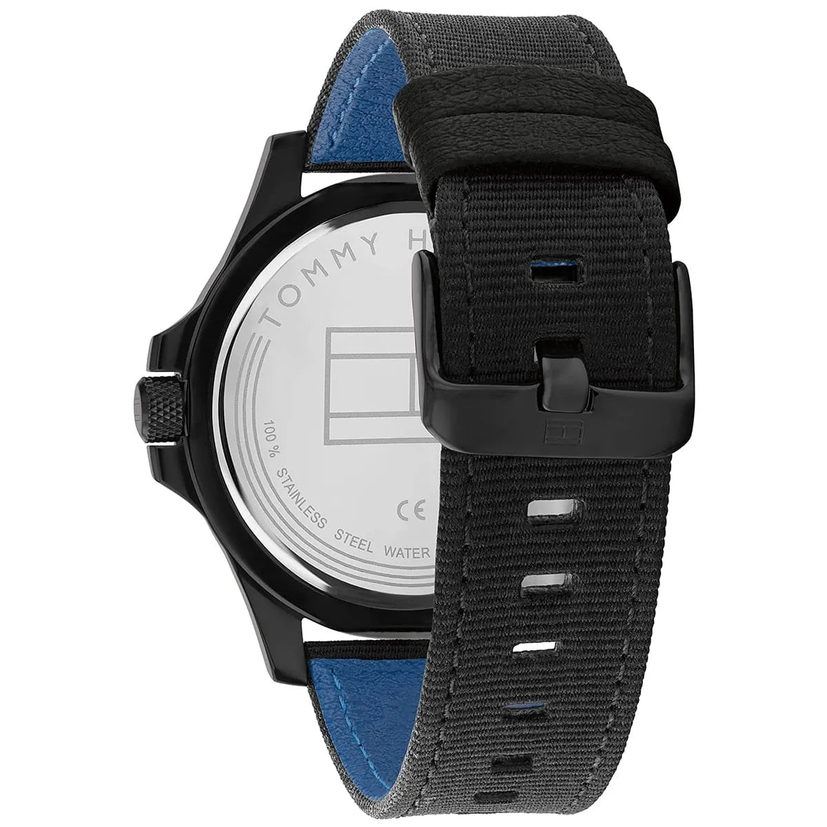 Case back of Tommy Hilfiger watch with stainless steel and water resistance details