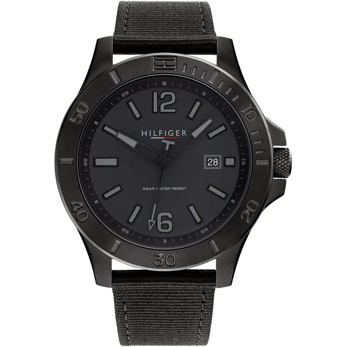 Tommy Hilfiger men's watch with black dial, stainless steel case, and blue nylon strap