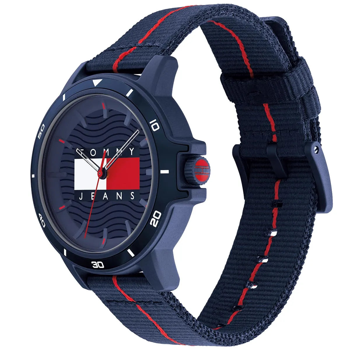 Tommy Hilfiger watch angled view showing navy case and fabric strap with red stripe