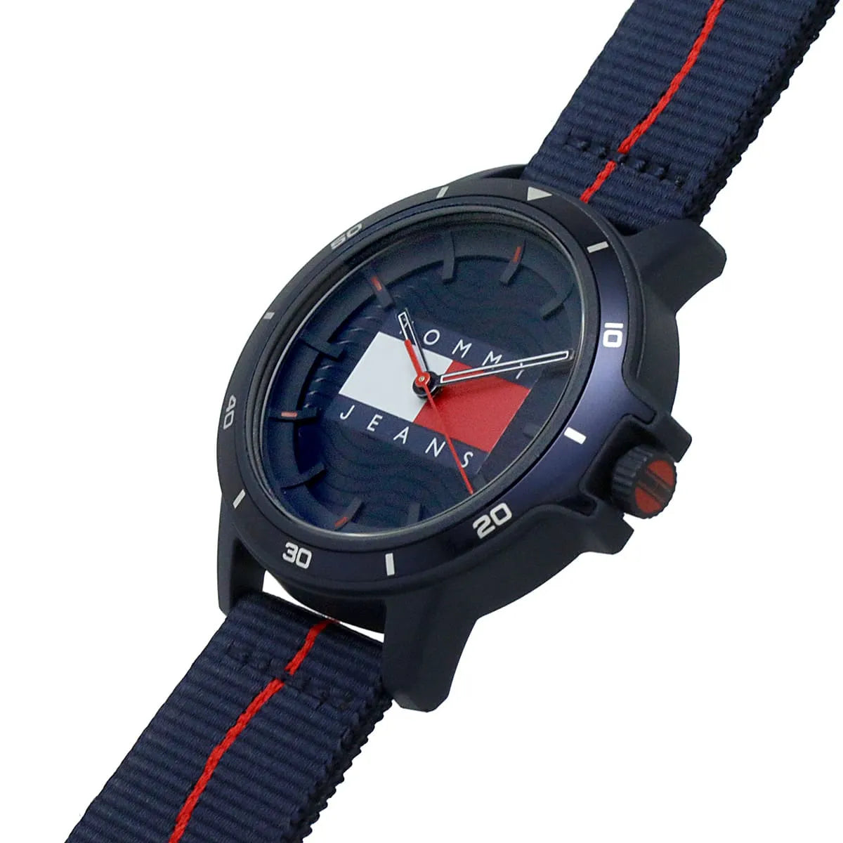 Side profile of Tommy Hilfiger men's watch with navy case and fabric strap