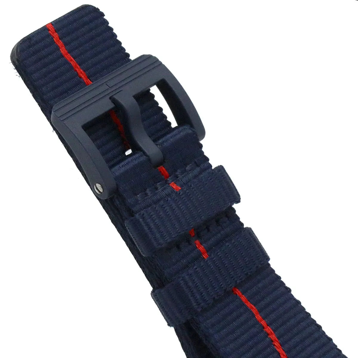 Navy fabric strap with red stripe and adjustable buckle closure