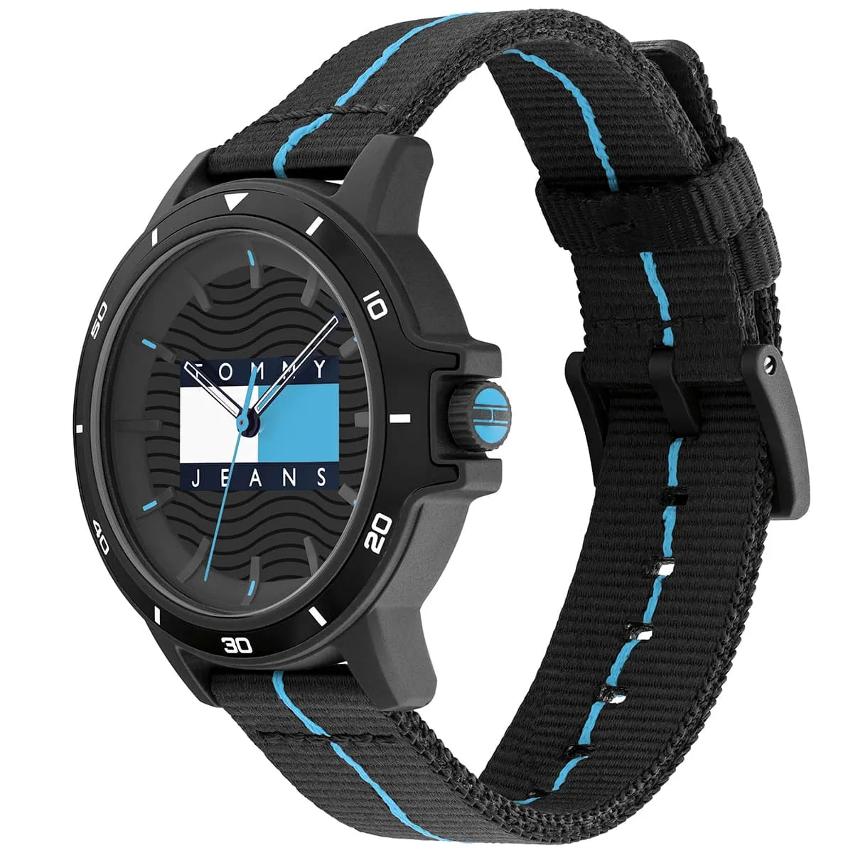 Tommy Hilfiger watch at angle showing black case with blue textile strap detail