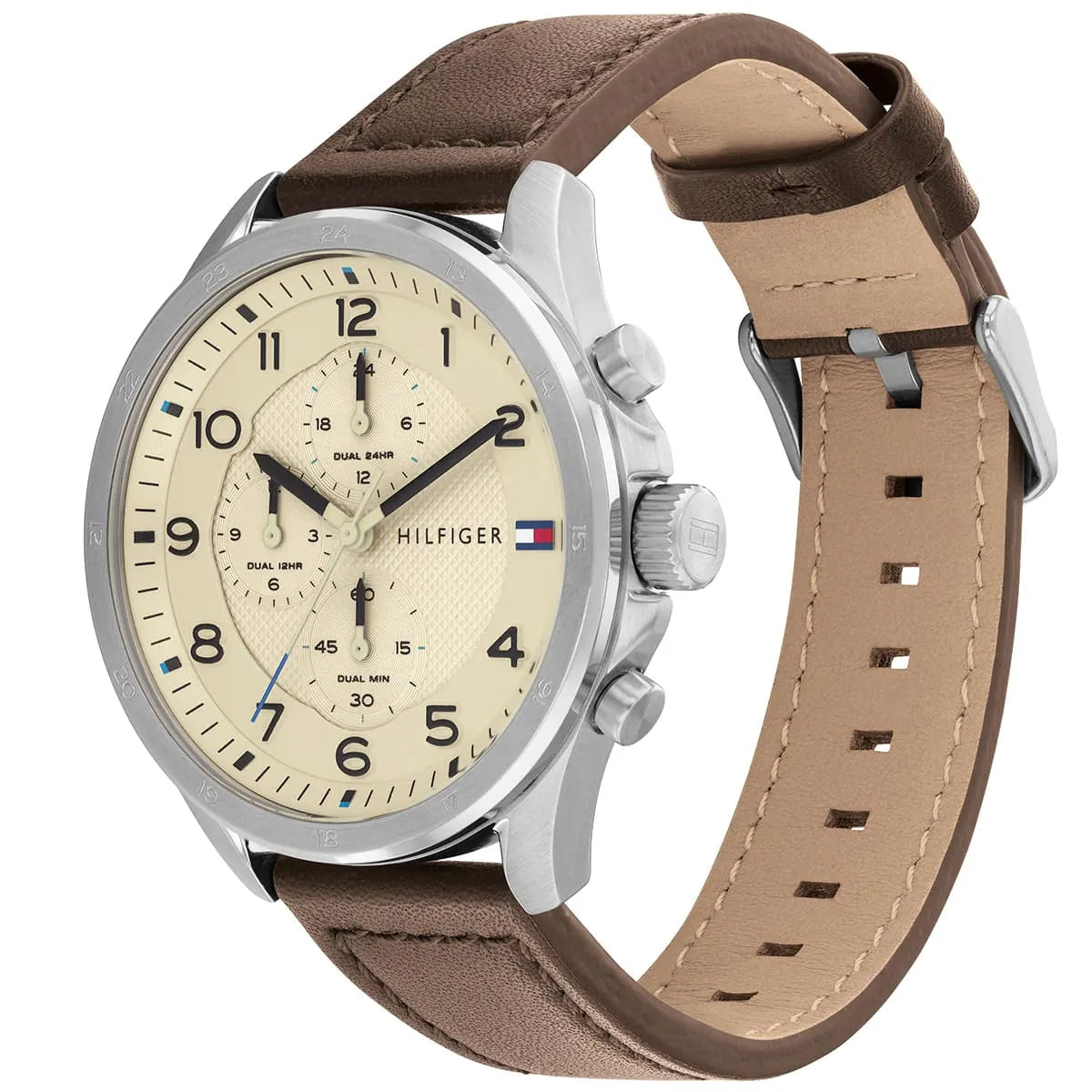 Tommy Hilfiger Axel watch showing cream dial and leather strap at angle