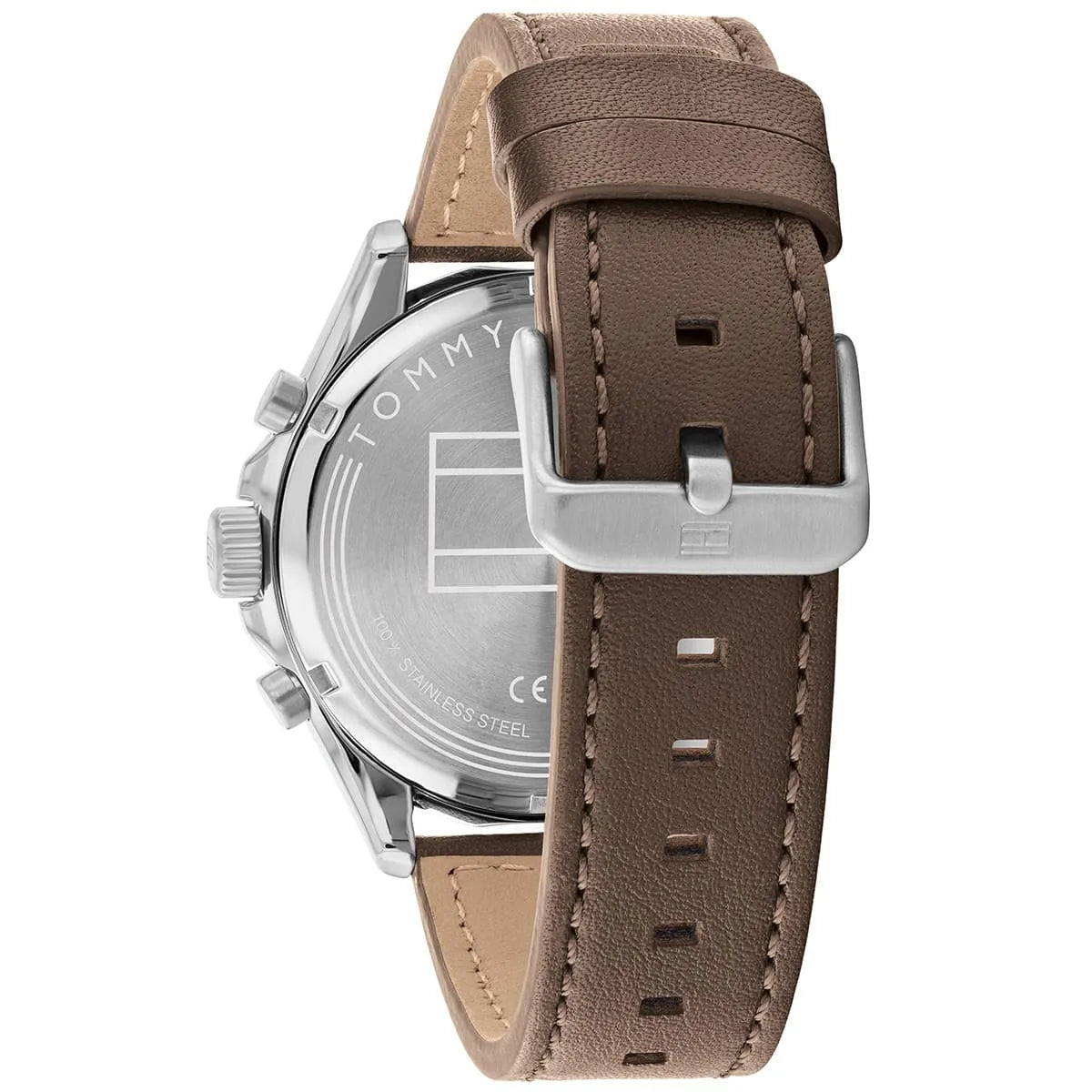 Tommy Hilfiger Axel watch side view with brown leather strap