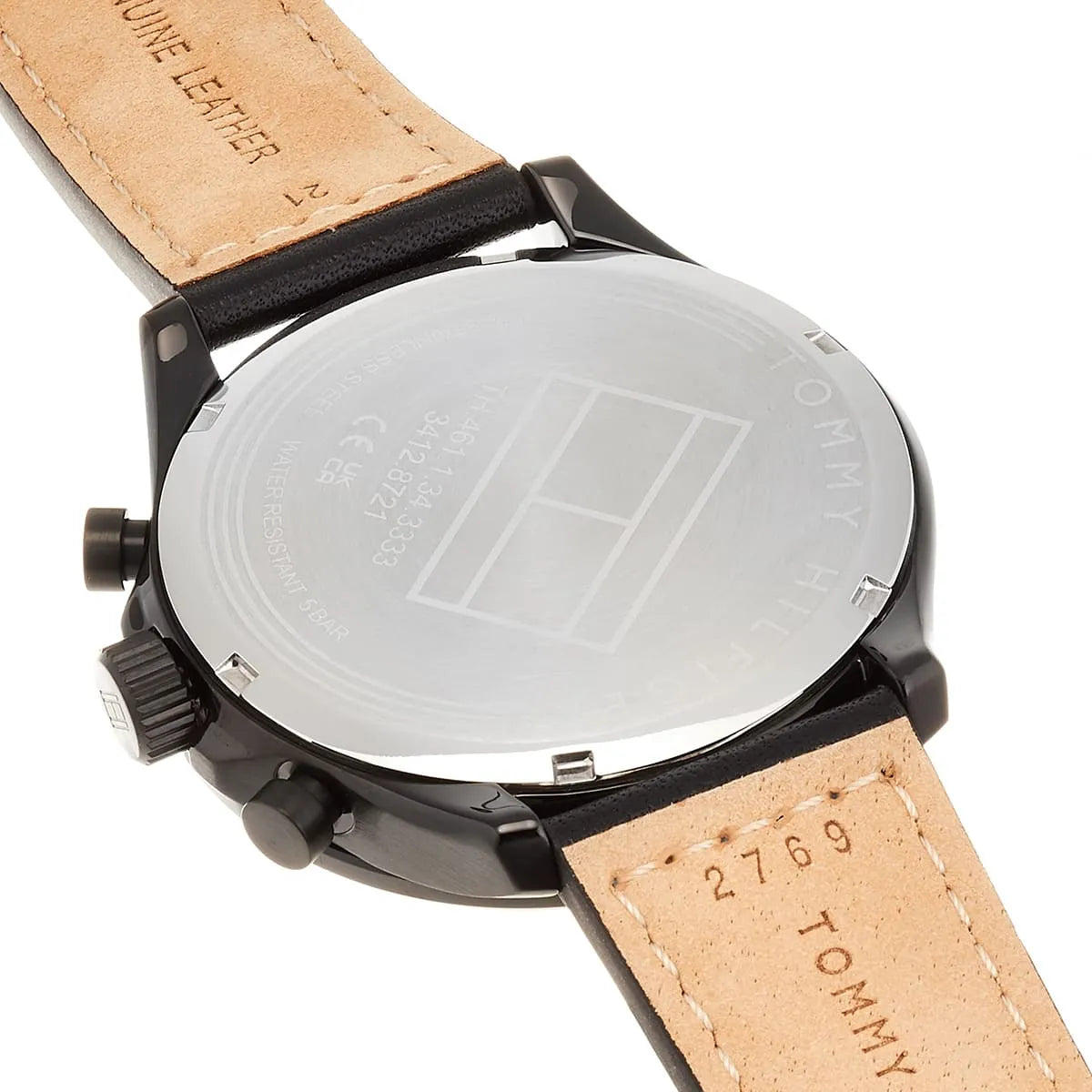 Tommy Hilfiger Axel watch caseback showing stainless steel with engraved branding and dial details