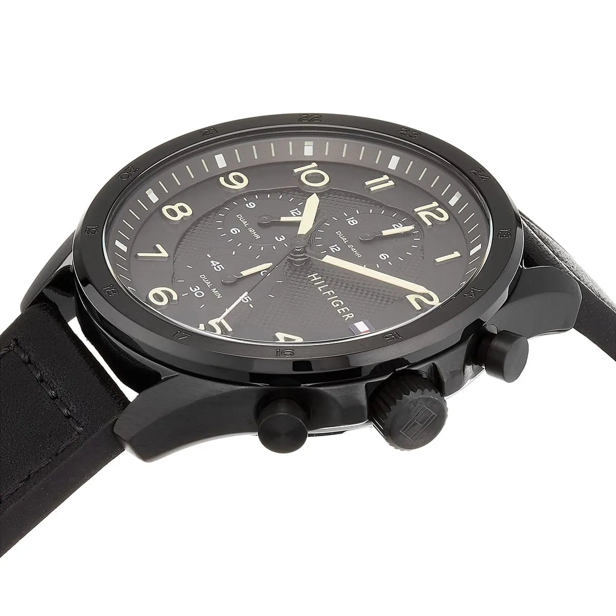 Tommy Hilfiger Axel black chronograph dial with minute markers and chronograph subdials, detail view
