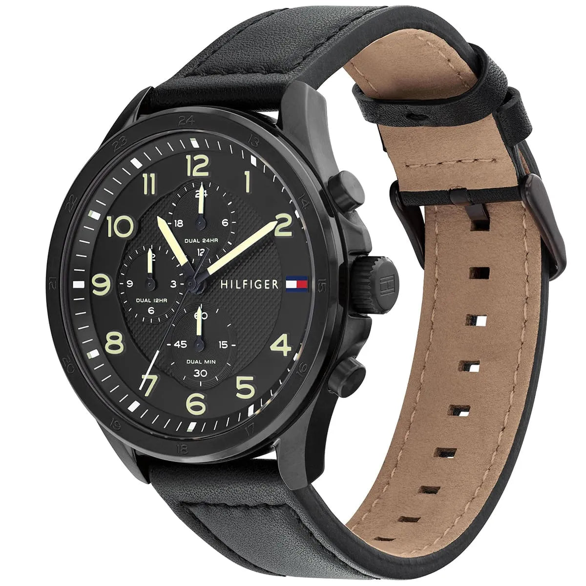 Tommy Hilfiger Axel chronograph watch worn on wrist, showing black and tan two-tone leather strap