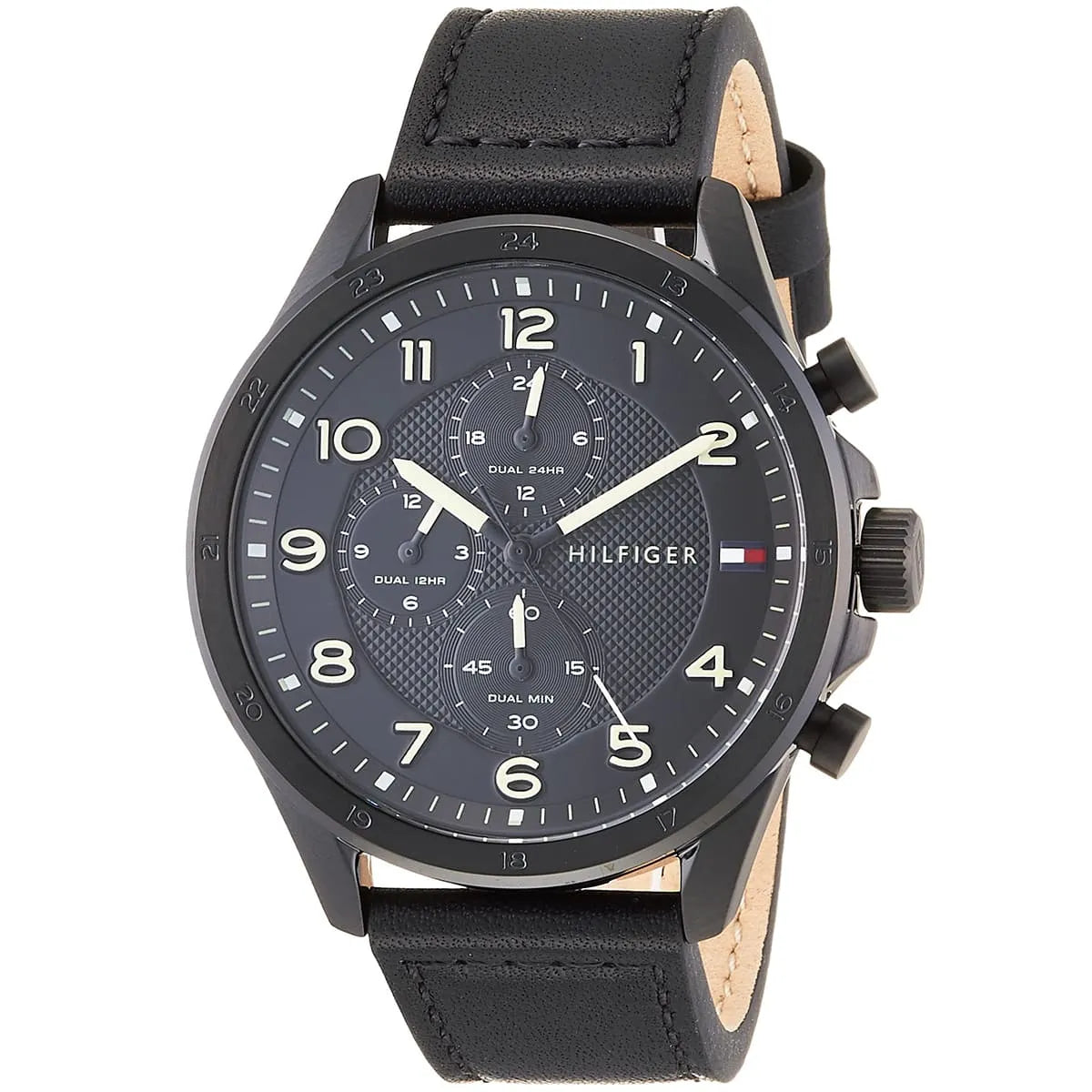 Tommy Hilfiger Axel chronograph watch showing black dial and tan leather strap from angled view