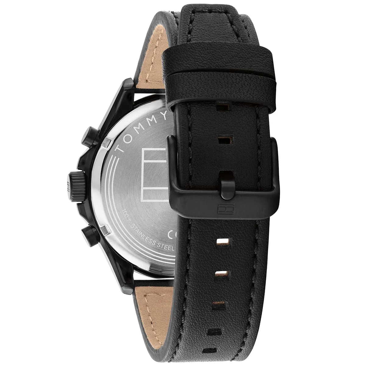 Tommy Hilfiger Axel watch side view displaying black leather strap with tan leather interior