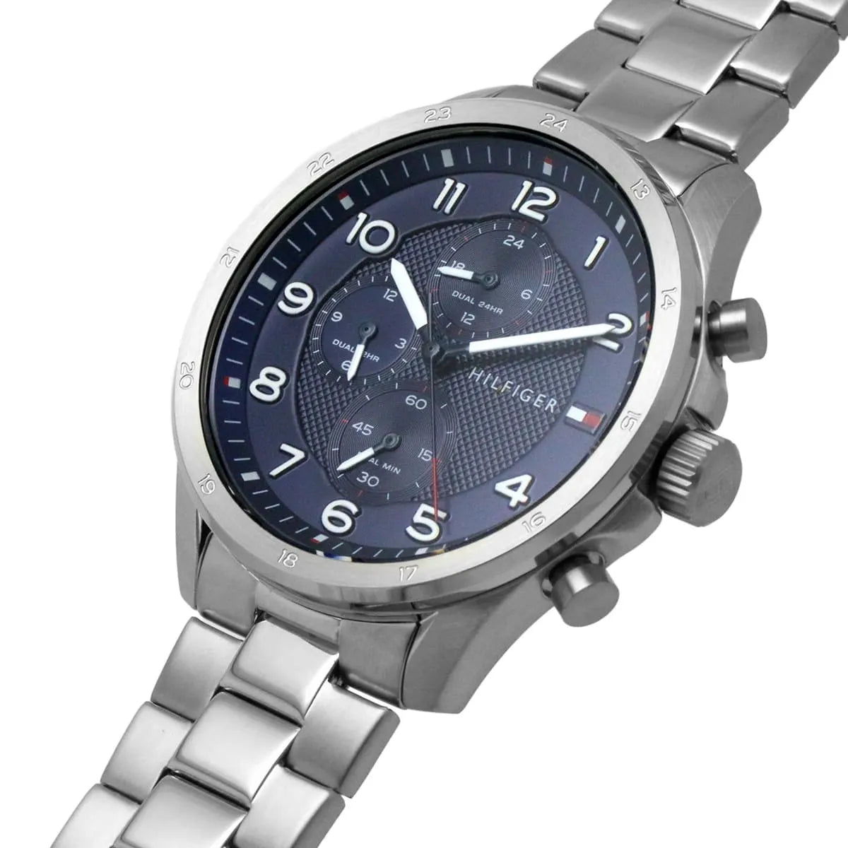 Tommy Hilfiger Axel chronograph watch angled view showing blue dial and metal bracelet