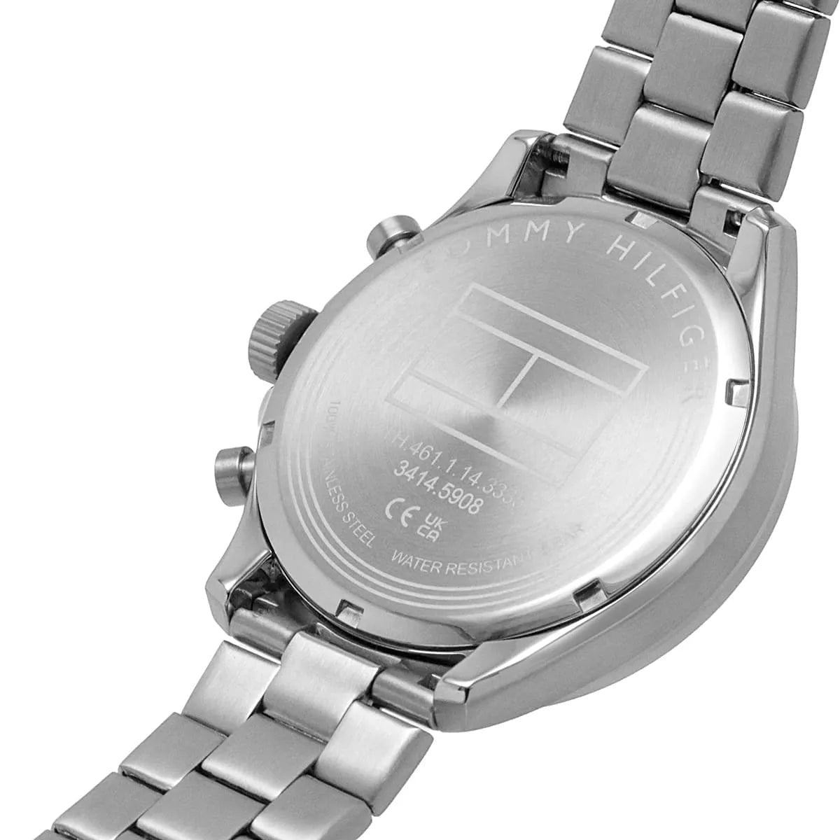 Tommy Hilfiger Axel caseback detail showing stainless steel engraving and water resistance