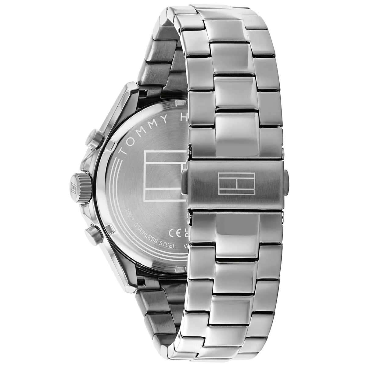 Tommy Hilfiger Axel watch caseback showing stainless steel with brand engraving