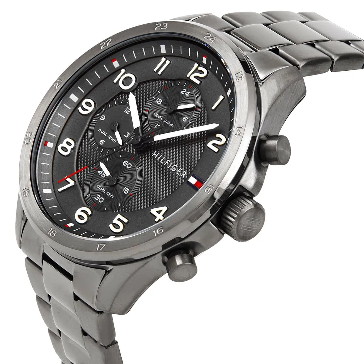 Tommy Hilfiger Axel dual time grey dial watch with stainless steel bracelet at angle